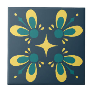 Türkis und Gelb auf Blau kompliziertes Blumenmuste Fliese
