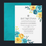 Türkis und Gelbe Flora Bat Mitzvah Einladung<br><div class="desc">Türkis und gelb - aquamarine und Zitronenfledermaus Mitzvah mit Akzenten von Korallen mit aquarelle Blume und Blattwerk.</div>