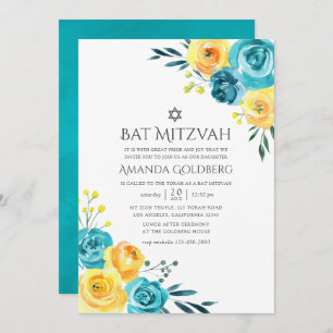 Türkis und Gelbe Flora Bat Mitzvah Einladung