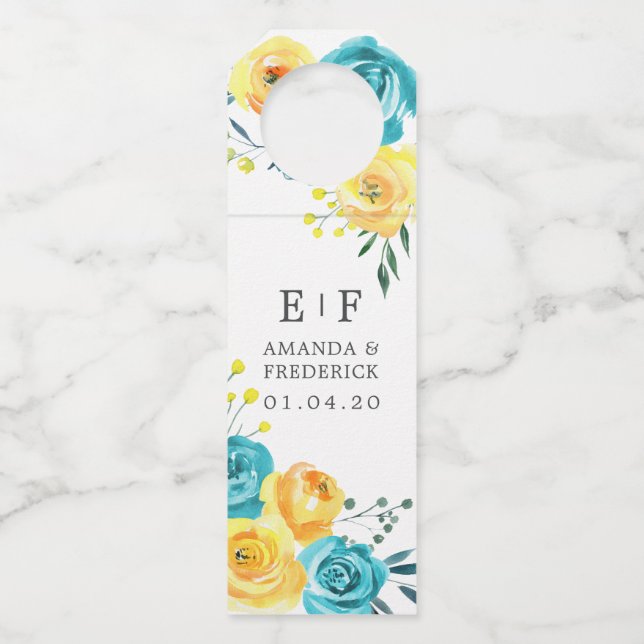 Türkis und Gelbe Gastgeschenk Hochzeit Flaschenanhänger (Vorderseite)