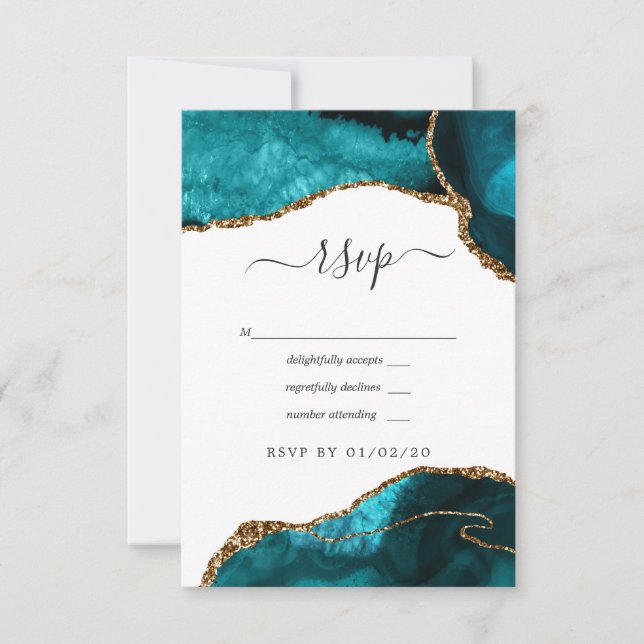 Türkis und Gold Agate Wedding RSVP Karte (Vorderseite)