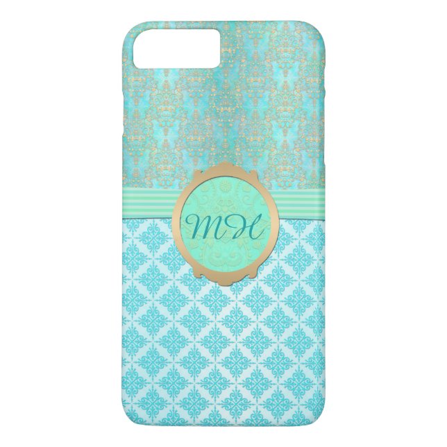 Türkis und Gold Damask Custom Monogram Muster Case-Mate iPhone Hülle (Rückseite)