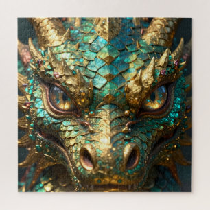 Türkis- und Gold-Drachengesicht Puzzle