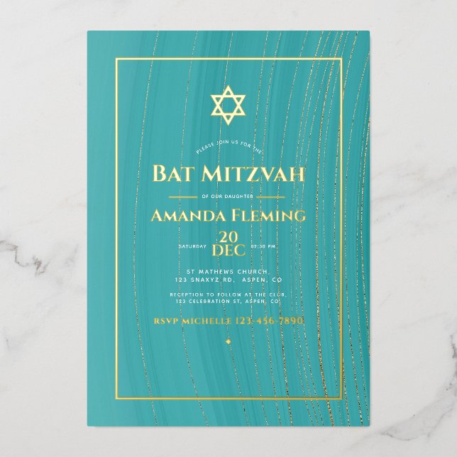 Türkis und Gold Imitate Agate Bat Mitzvah Foto Fu Folieneinladung (Vorderseite)