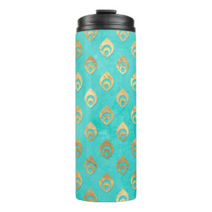 Türkis und Gold Pfau Thermosbecher