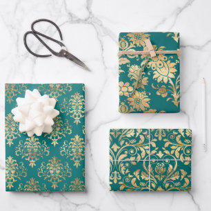 Türkis und Gold Vintage Damast Geschenkpapier Set