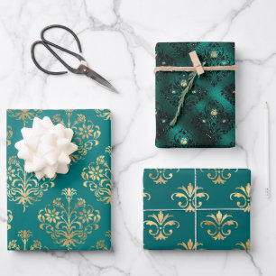 Türkis und Gold Vintage Damast Geschenkpapier Set