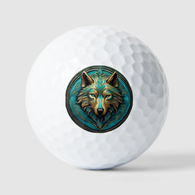 Türkis und Gold Wolf Golfball (Vorderseite)