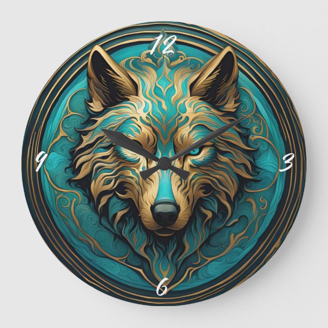 Türkis und Gold Wolf Große Wanduhr (Vorderseite)