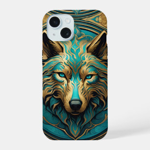 Türkis und Gold Wolf iPhone 15 Hülle