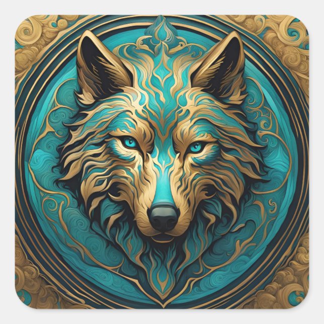 Türkis und Gold Wolf Quadratischer Aufkleber (Vorderseite)