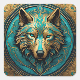 Türkis und Gold Wolf Quadratischer Aufkleber