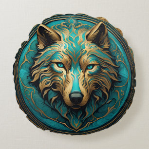 Türkis und Gold Wolf Rundes Kissen