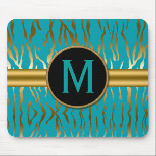 Türkis- und Goldzebrastreifen mit Monogramm Mousepad