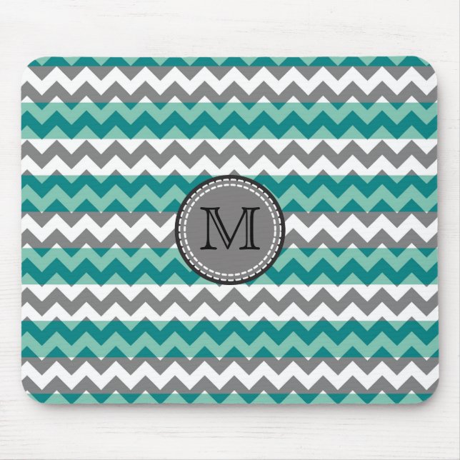 Türkis und grau Zickzack Zigzag Monogram #2 Mousepad (Vorne)