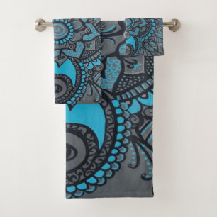 Türkis-und grauer Hennastrauch-inspirierte Blume Badhandtuch Set