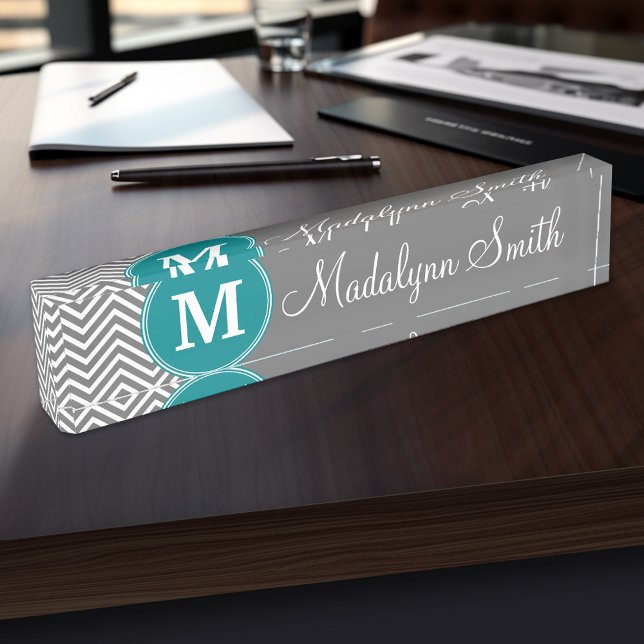 Türkis- und Kohleschnecken-Monogramm Namensplakette (Personalized Name Plate for the Office, School or Home)