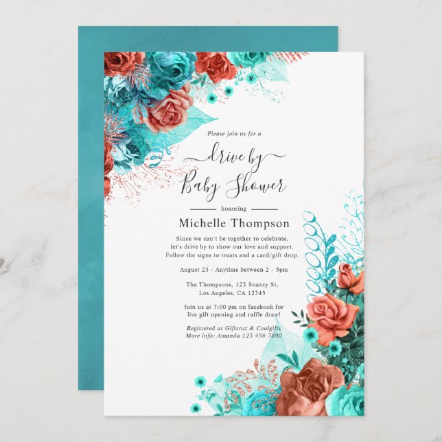 Türkis- und Korallenblumenantrieb mit Dusche Einladung (Vorne/Hinten)