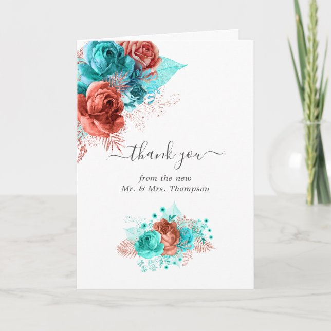 Türkis und Korallenfarben Blumenzehen Dankeskarte (Vorderseite)