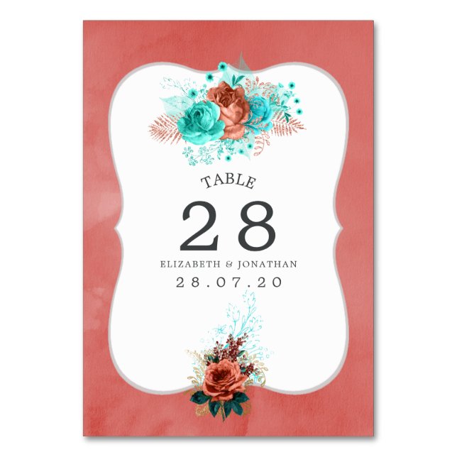 Türkis- und Korallenflorale Tischnummer (Vorderseite)