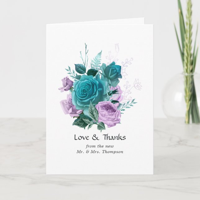 Türkis und Lavender Floral Wedding Dankeskarte (Vorderseite)