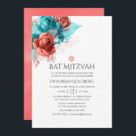 Türkis und lebende Korallen Floral Bat Mitzvah Einladung<br><div class="desc">Türkisfarbene und lebendige Korallen Rose und tropische Glitzer Blattfledermaus Mitzvah Einladungen entwickelt,  um schnell und einfach auf Ihre Event-Besonderheiten angepasst werden.</div>