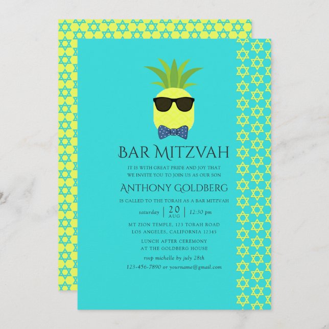 Türkis und Lemon Tropical Summer Bar Mitzvah Einladung (Vorne/Hinten)