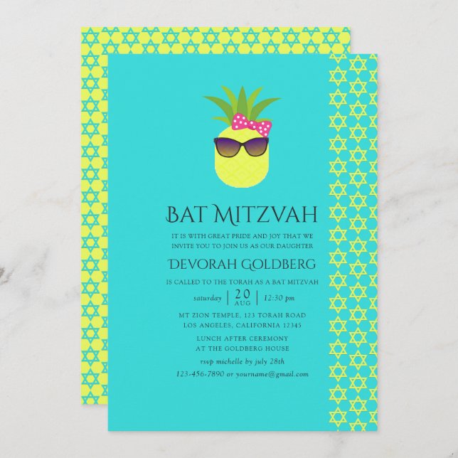 Türkis und Lemon Tropical Summer Bat Mitzvah Einladung (Vorne/Hinten)