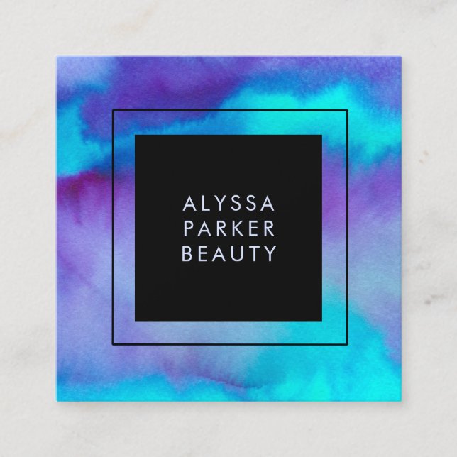 Türkis und Lila Wasserfarbenpräparat mit Schwarz Quadratische Visitenkarte (Vorderseite)