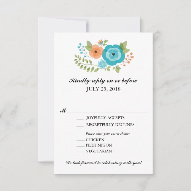Türkis und Orange Sommer-Blume Hochzeit RSVP (Vorderseite)
