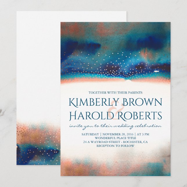 Türkis und Pfirsichfarben Hochzeit Einladung (Vorne/Hinten)