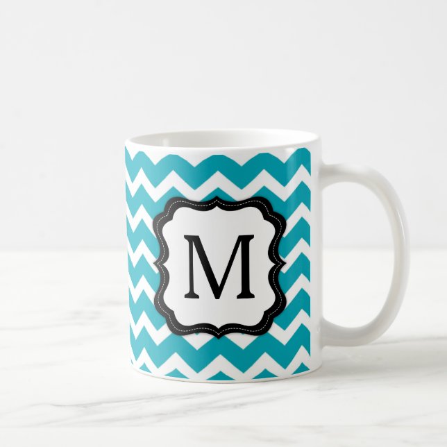 Türkis-und Schwarz-Zickzack Monogramm-Kaffee-Tasse Kaffeetasse (Rechts)