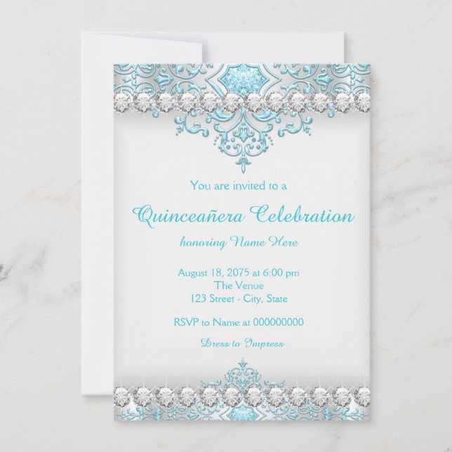 Türkis und Silver Diamond Quinceanera Einladung (Vorderseite)