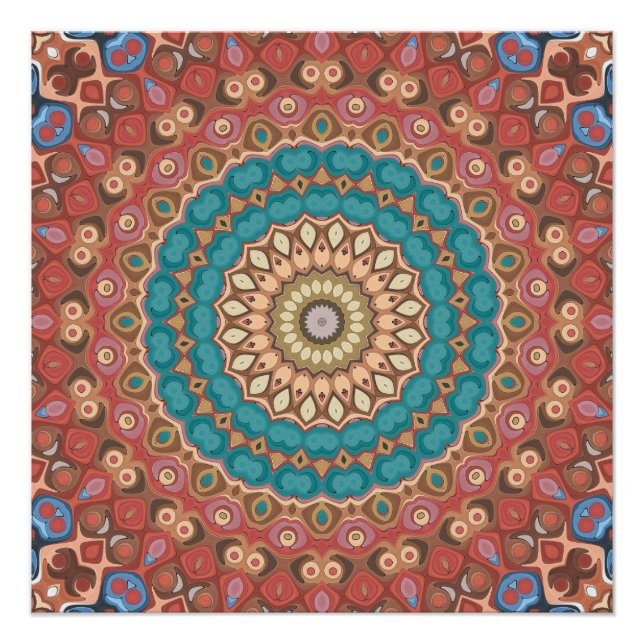 Türkis und Terracotta Geometric Mandala Pattern Poster (Vorderseite)