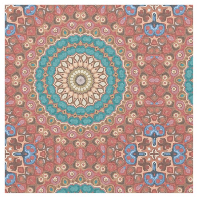 Türkis und Terracotta Geometric Mandala Pattern Stoff (Nahaufnahme)