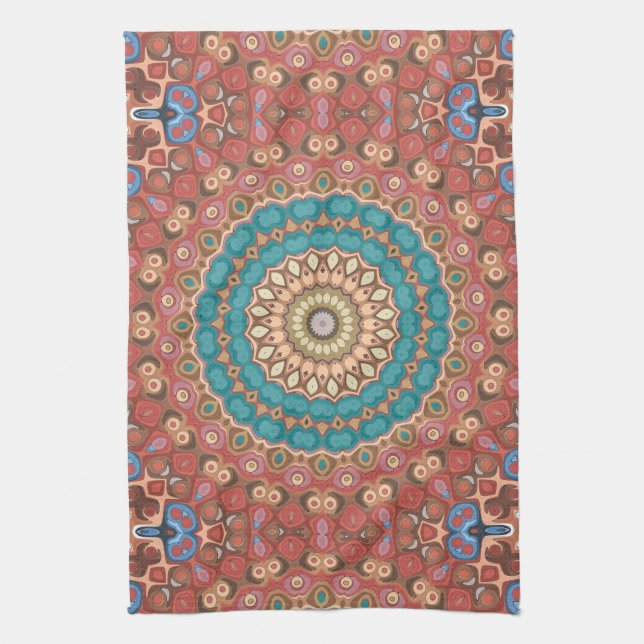 Türkis und Terrakotta Geometrisches Mandala-Muster Geschirrtuch (Vertikal)