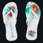 Türkis und tropische Gastgeschenk Hochzeit der Kor Flip Flops<br><div class="desc">Türkisblaue und korallenfarbene Rose und tropisches Blattwerk Sommerliche Gastgeschenke Hochzeiten,  die schnell und einfach auf Ihre Veranstaltungsspezifikationen zugeschnitten sind.</div>