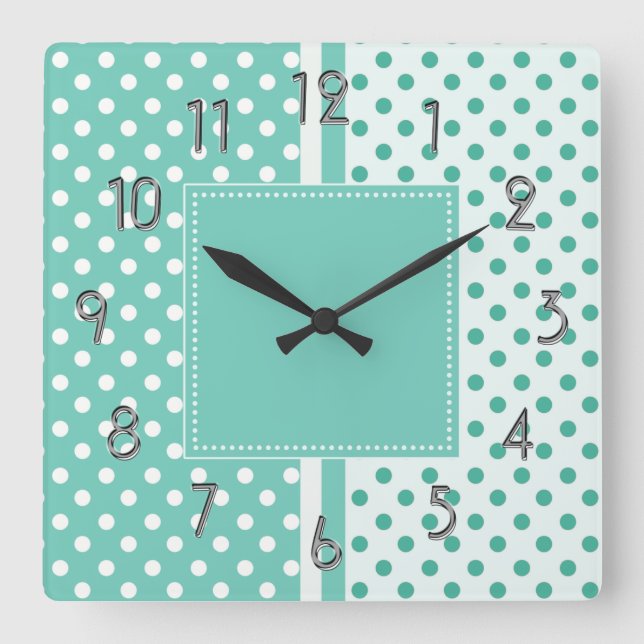 Türkis und Weiß Polka Dots Square Uhr (Vorderseite)