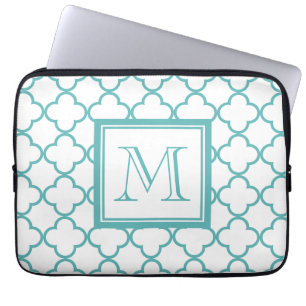 Türkis und weißes Quatrefoil Ihr Monogramm Laptopschutzhülle