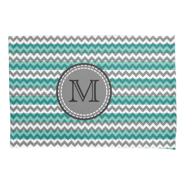 Türkis und Zickzack Zigzag Monogramm Kissenbezug (Vorderseite)
