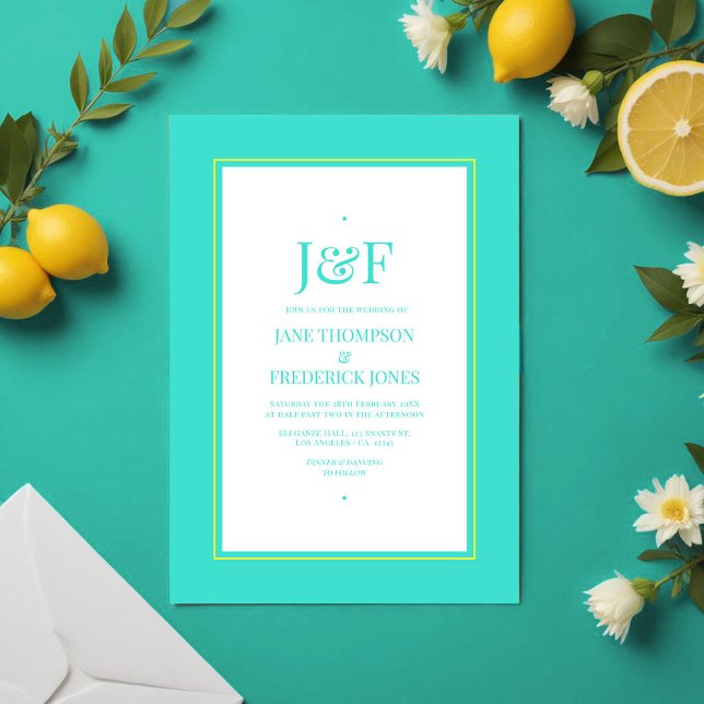 Türkis- und Zitronengelbe Hochzeit Einladung (Turquoise and Lemon Yellow Wedding Invitation)
