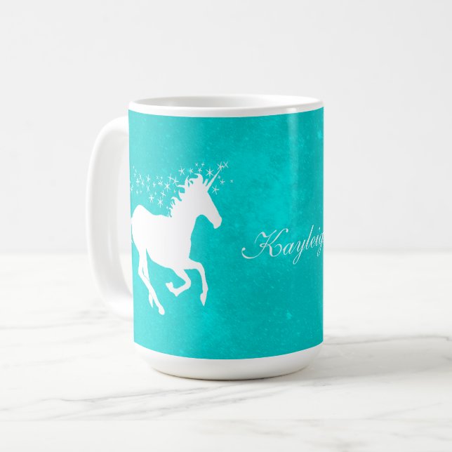 Türkis Unicorn Personalisiert Kaffee Tasse (Vorderseite Links)