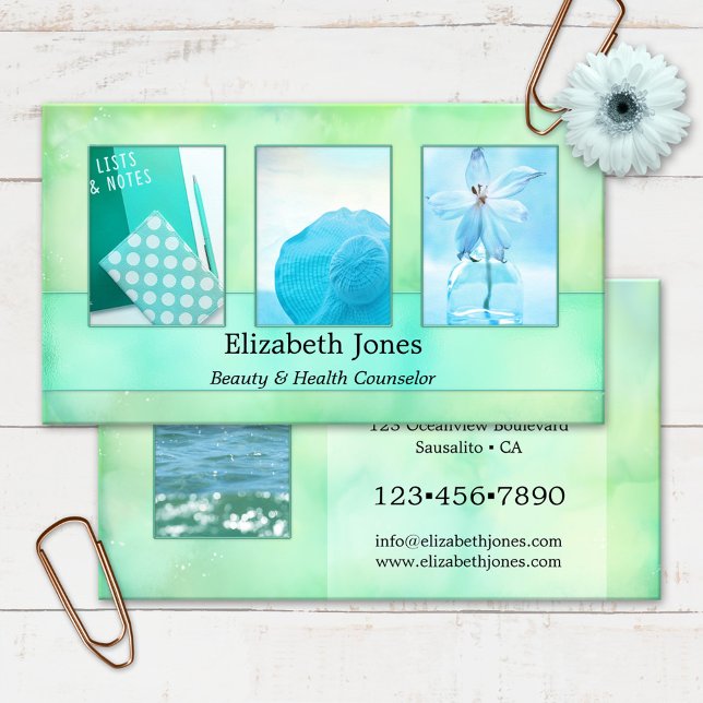 Türkis Wasserfarbe Abstrakt Ihre Fotos Visitenkarte (Business card featuring your own photos framed by a turquoise watercolor abstract design)