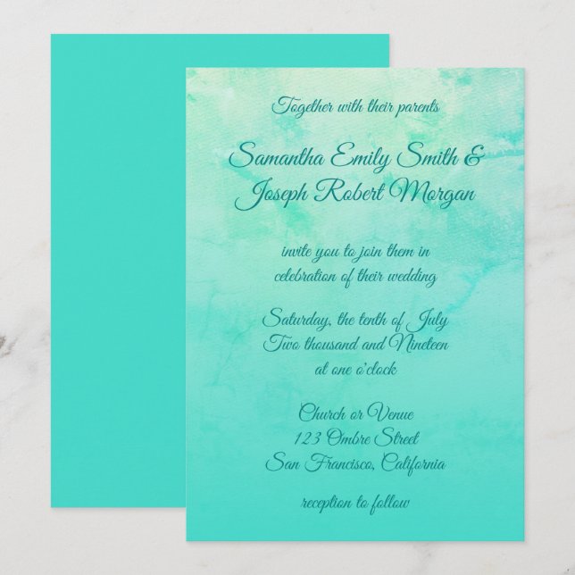 Türkis Watercolor Ombre Calligraphy Wedding Einladung (Vorne/Hinten)