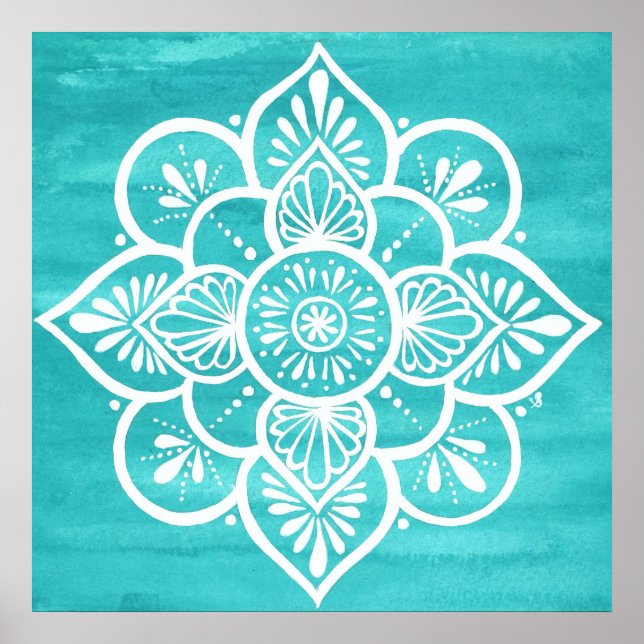 Türkis Watercolor White Mandala Poster (Vorne)