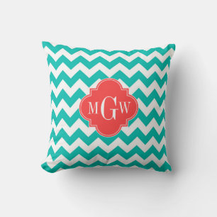 Türkis Weiß Chevron Koralle Vierpass 3 Monogramm Kissen