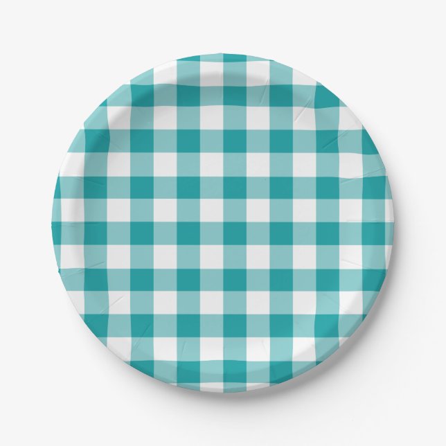 Türkis-Weiß-Gingham-Muster Pappteller (Vorderseite)