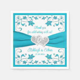 Türkis, Weiß, Silberne Liebe Herz Hochzeit Serviette