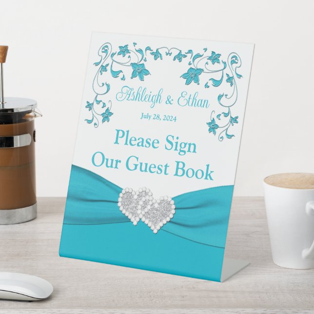 Türkis, Weiß, Silberne Liebe Herz Hochzeit Sockelschild (In SItu)