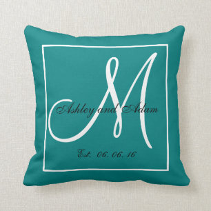 Türkis Weiße Monogramm Hochzeit Erinnerungskissen Kissen